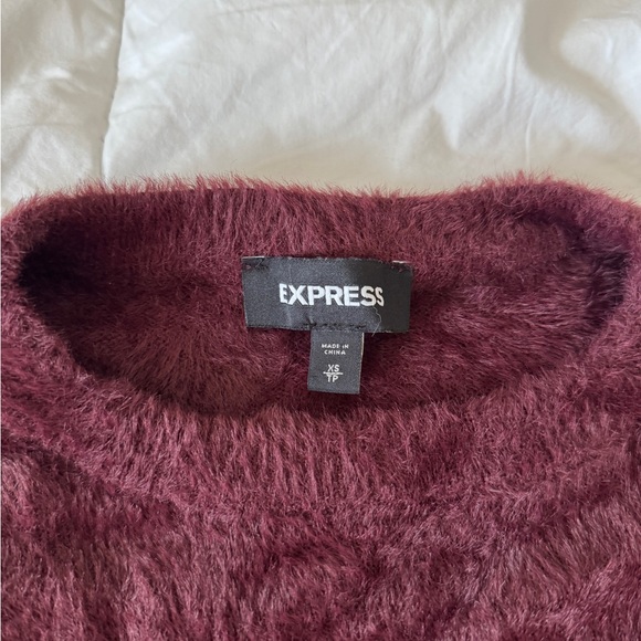 Express Burgundy Fuzzy Faux Fur Sweater XS Bateau Neck Long Sleeve Soft Cozy - Picture 4 of 10